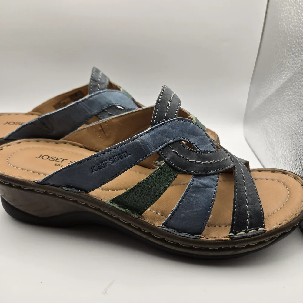 Josef Seibel Women's Blue and Green Slip On Leather Mule Sandals - Picture 8 of 9